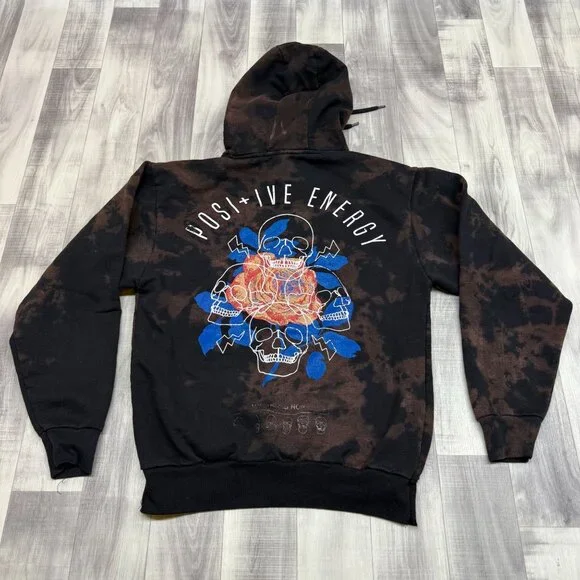 ✅ Womens S Chemistry Bleached Graphic Hoodie Skulls Positive Energy Time Is Now - Picture 2 of 14